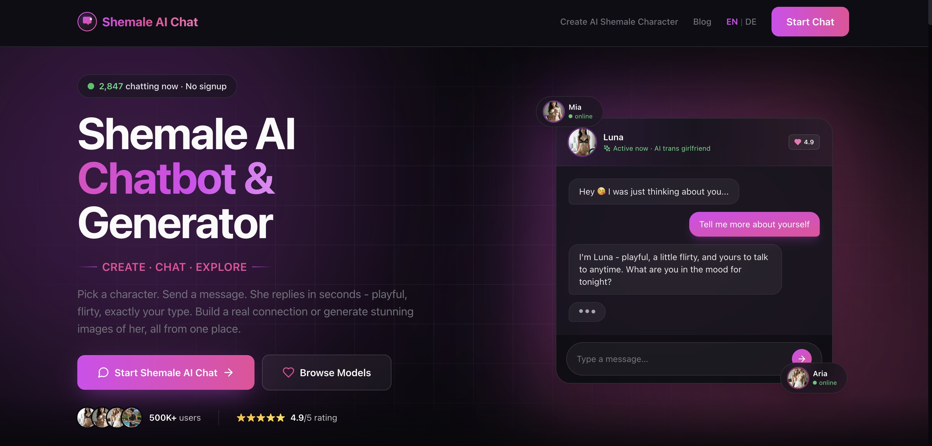 Shemale AI homepage with companion roster and image generator surface